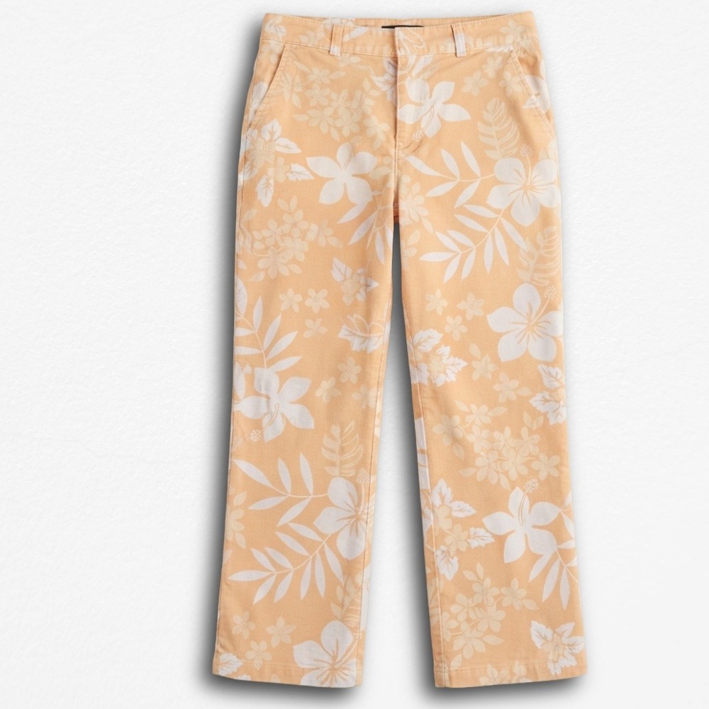 Cherokee Womens Peach Floral Tropical Hibiscus Straight Leg Pants Size 8 Stretch
